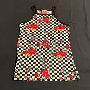 Checkered Tank Top With Red & Yellow Flowers